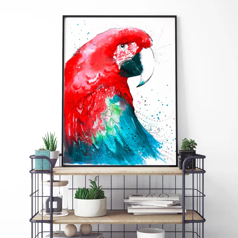 Green-winged macaw watercolor painting, limited edition art print by Slaveika Aladjova, view 4