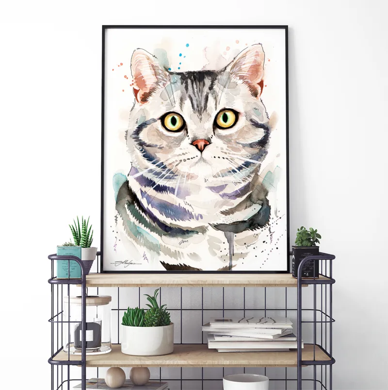 American Shorthair cat watercolor painting, limited edition art print by Slaveika Aladjova, view 4