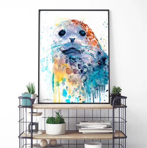 Harbor seal watercolor painting, limited edition art print by Slaveika Aladjova