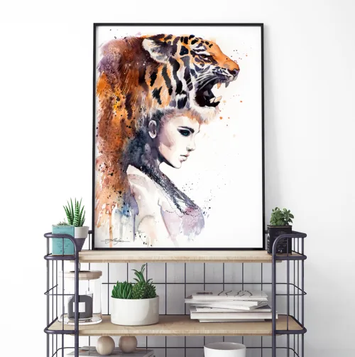 Tiger Girl Tiger girl watercolor painting, woman with a tiger headdress, limited edition art print by Slaveika Aladjova