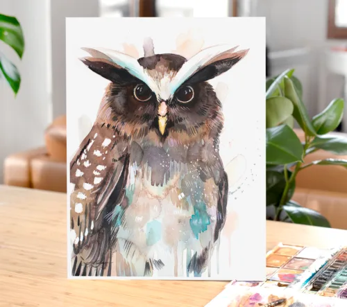 Crested owl watercolor painting, limited edition art print by Slaveika Aladjova, view 2