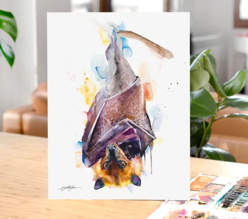 Golden-crowned flying fox fruit bat watercolor painting, limited edition art print by Slaveika Aladjova