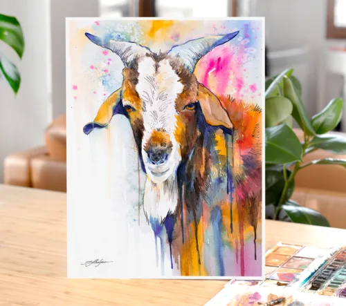 Goat watercolor painting, limited edition art print by Slaveika Aladjova