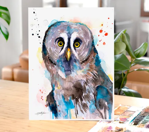 Great grey owl watercolor painting, limited edition art print by Slaveika Aladjova
