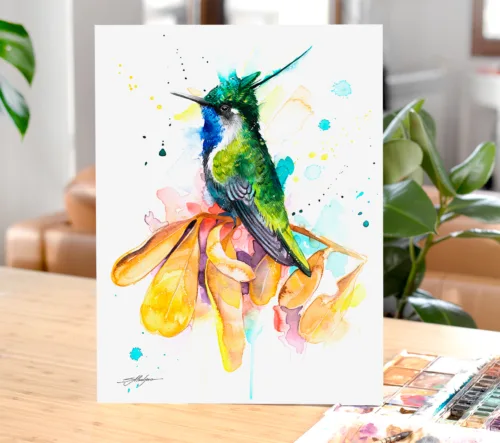 Green-crowned plovercrest hummingbird watercolor painting, limited edition art print by Slaveika Aladjova