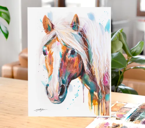 Haflinger horse watercolor painting, limited edition art print by Slaveika Aladjova, view 2