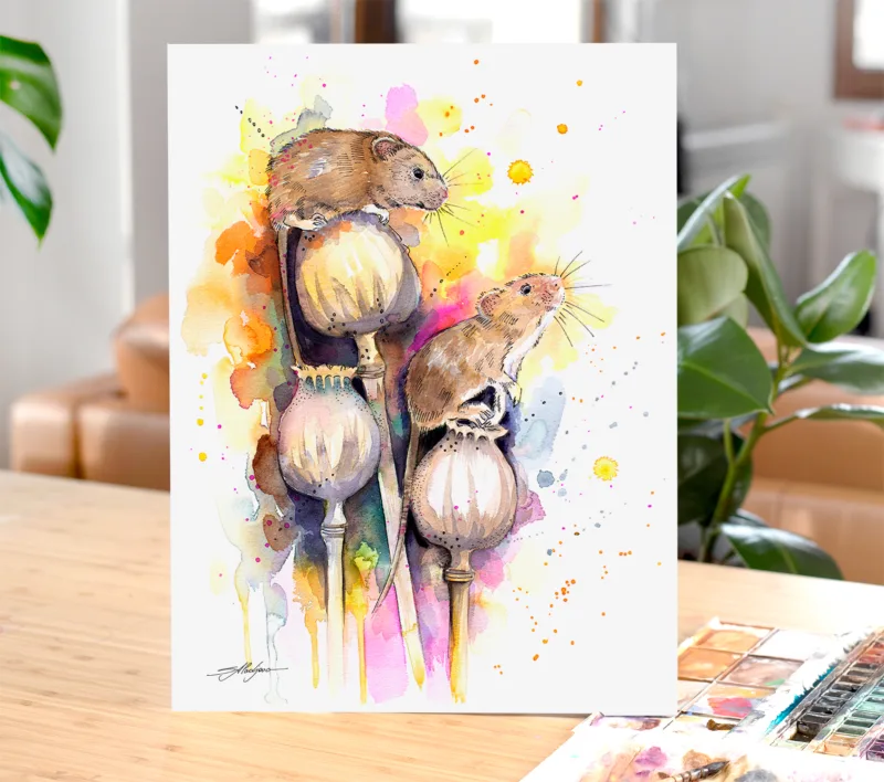 Two harvest mice on poppy seed heads, watercolor painting, limited edition art print by Slaveika Aladjova, view 4