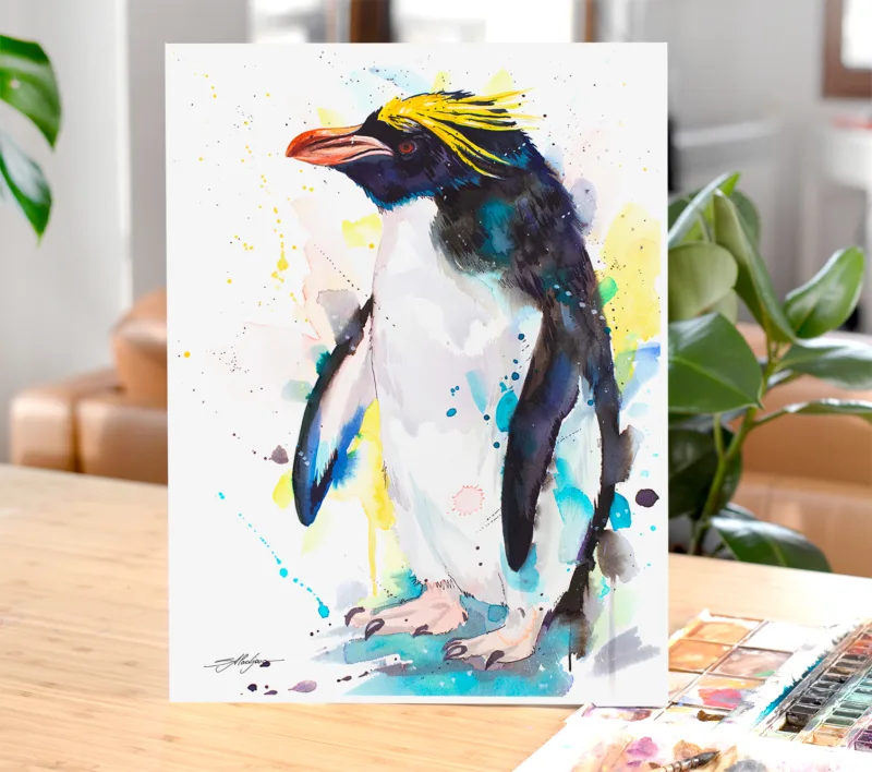 Macaroni penguin watercolor painting, limited edition art print by Slaveika Aladjova, view 2