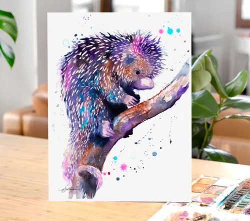 Prehensile-tailed porcupine on a branch, watercolor painting, limited edition art print by Slaveika Aladjova