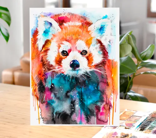 Red Panda Red panda watercolor painting with striped tail, limited edition art print by Slaveika Aladjova