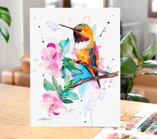 Rufous hummingbird among pink blossoms, watercolor painting, limited edition art print by Slaveika Aladjova, view 2