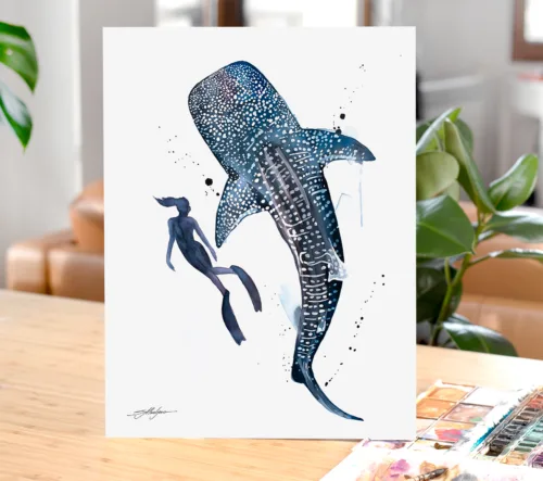 Whale shark and freediver watercolor painting, limited edition art print by Slaveika Aladjova, view 2