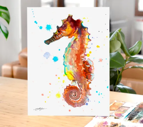 Seahorse watercolor painting print by Slaveika Aladjova Orange seahorse watercolor painting, limited edition art print by Slaveika Aladjova