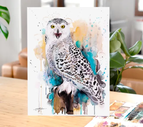 Snowy owl watercolor painting, limited edition art print by Slaveika Aladjova, view 2