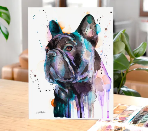 Black French bulldog watercolor painting, limited edition art print by Slaveika Aladjova, view 2
