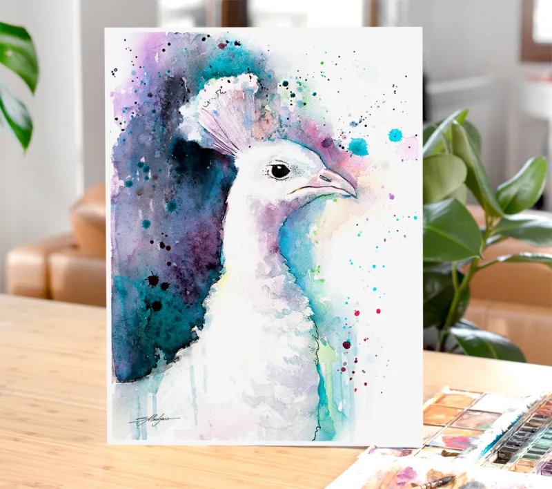 White peacock watercolor painting, limited edition art print by Slaveika Aladjova, view 2