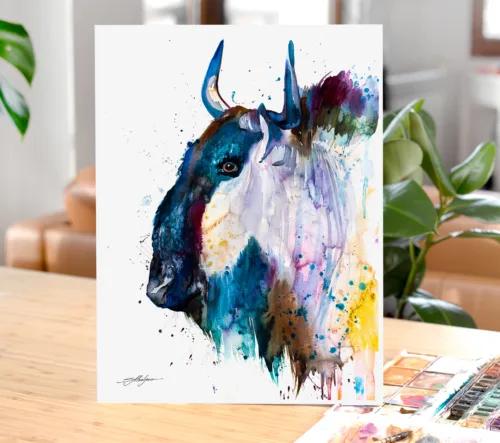 Blue wildebeest gnu watercolor painting, limited edition art print by Slaveika Aladjova, view 2