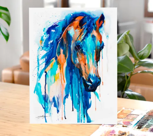 Blue horse watercolor painting, limited edition art print by Slaveika Aladjova, view 2