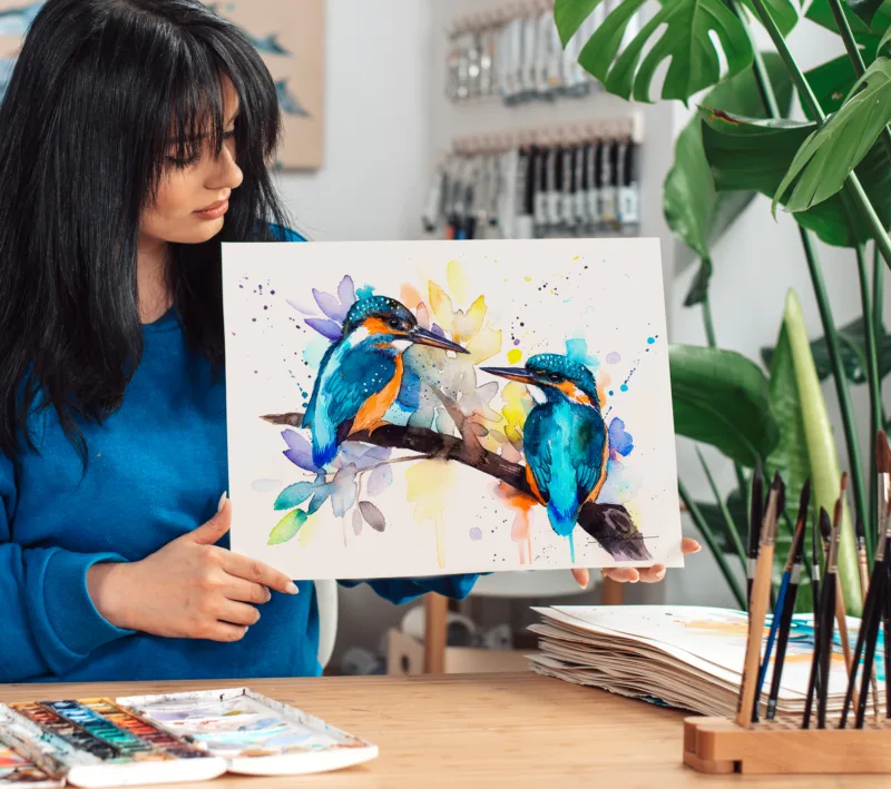 Two common kingfishers on a branch, watercolor painting, limited edition art print by Slaveika Aladjova, view 3
