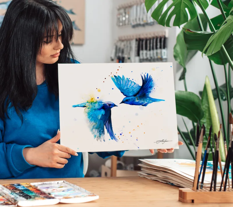 Two mountain bluebirds in flight, watercolor painting, limited edition art print by Slaveika Aladjova, view 4