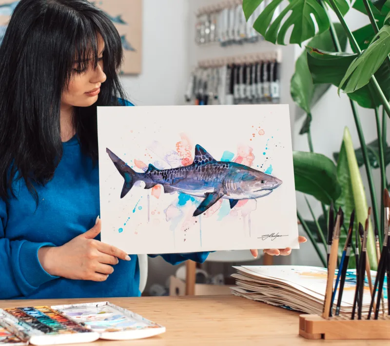 Tiger shark watercolor painting, limited edition art print by Slaveika Aladjova, view 4