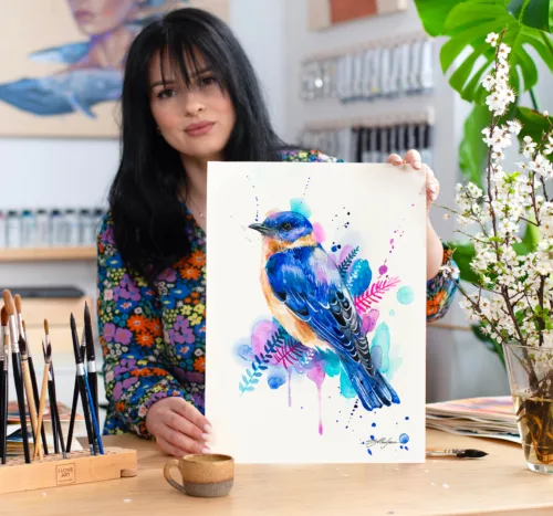 Bluebird Eastern bluebird among pink ferns, watercolor painting, limited edition art print by Slaveika Aladjova