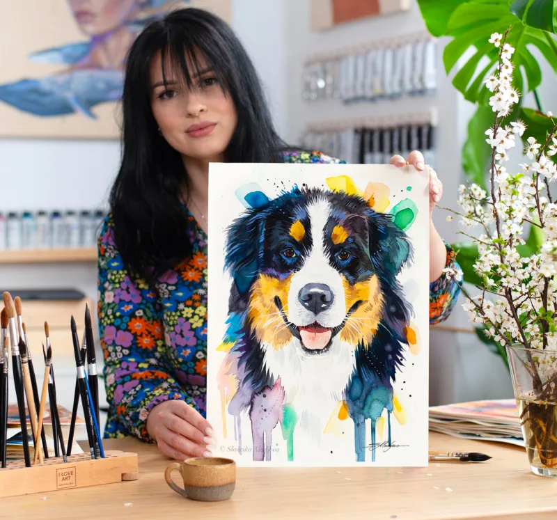 Bernese Mountain Dog watercolor painting, limited edition art print by Slaveika Aladjova