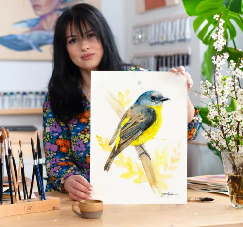 Eastern yellow robin watercolor painting, limited edition art print by Slaveika Aladjova, view 2