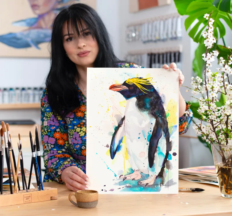 Macaroni penguin watercolor painting, limited edition art print by Slaveika Aladjova