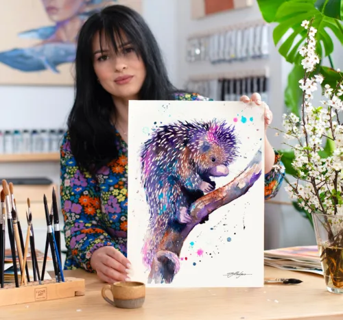 Prehensile-tailed porcupine on a branch, watercolor painting, limited edition art print by Slaveika Aladjova, view 2