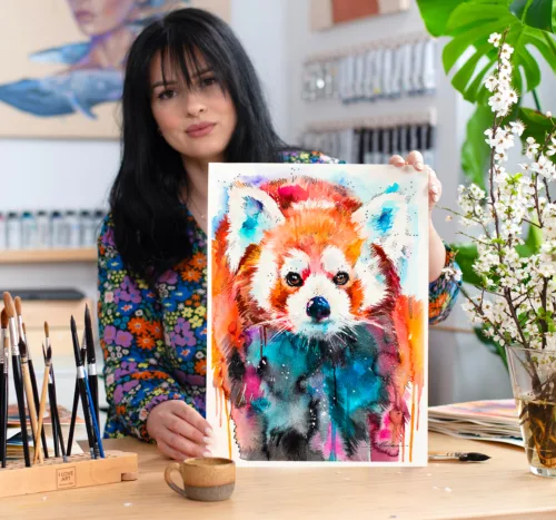 Home 10 Red panda watercolor painting with striped tail, limited edition art print by Slaveika Aladjova, view 3