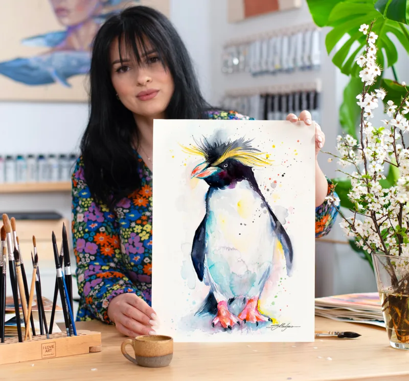 Rockhopper penguin watercolor painting, limited edition art print by Slaveika Aladjova, view 2