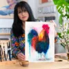 Colorful rooster watercolor painting, limited edition art print by Slaveika Aladjova, view 2