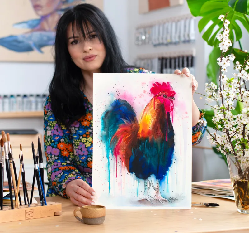 Colorful rooster watercolor painting, limited edition art print by Slaveika Aladjova, view 2