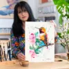 Rufous hummingbird among pink blossoms, watercolor painting, limited edition art print by Slaveika Aladjova