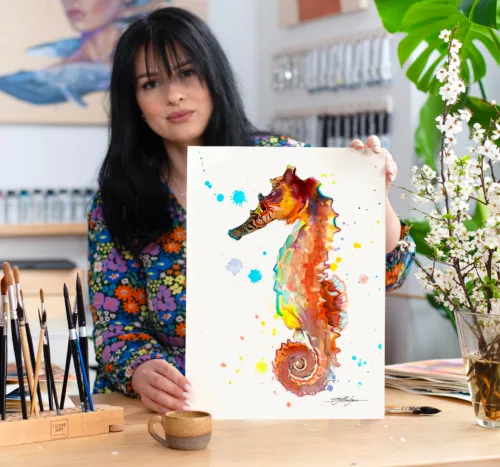 Orange seahorse watercolor painting, limited edition art print by Slaveika Aladjova, view 2