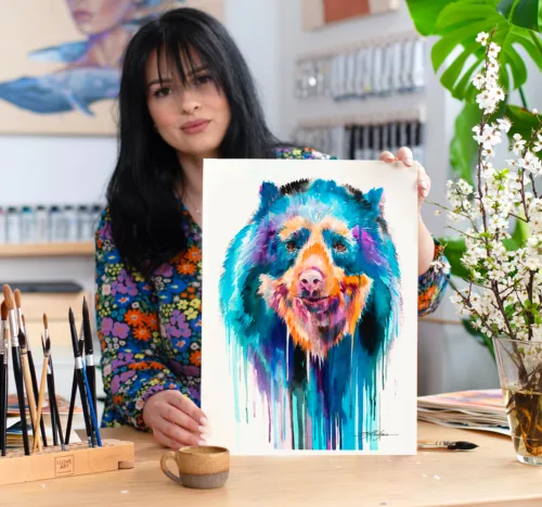 Spectacled bear watercolor painting, limited edition art print by Slaveika Aladjova, view 2