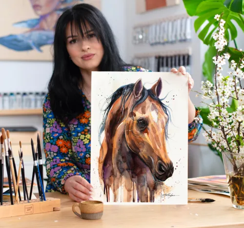 Bay Thoroughbred horse watercolor painting, limited edition art print by Slaveika Aladjova, view 2