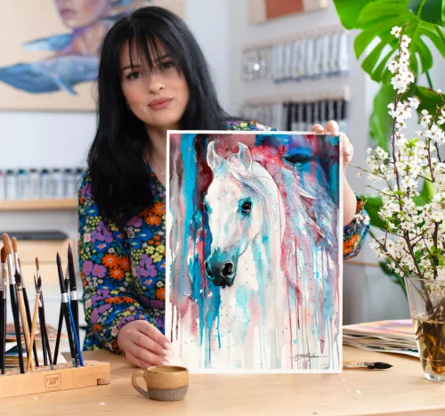 White horse watercolor painting, limited edition art print by Slaveika Aladjova