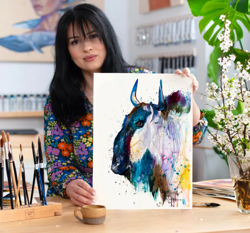 Blue wildebeest gnu watercolor painting, limited edition art print by Slaveika Aladjova, view 3