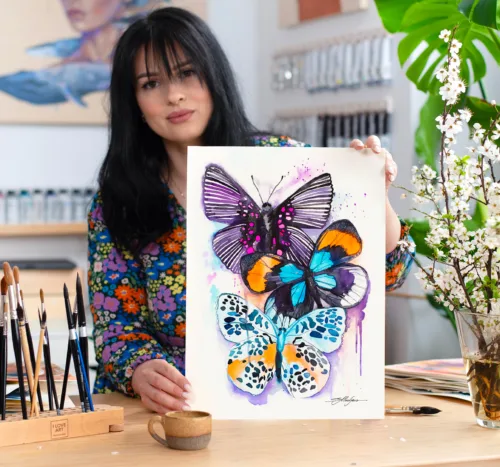 Three butterflies watercolor painting in violet, orange and blue, limited edition art print by Slaveika Aladjova, view 2