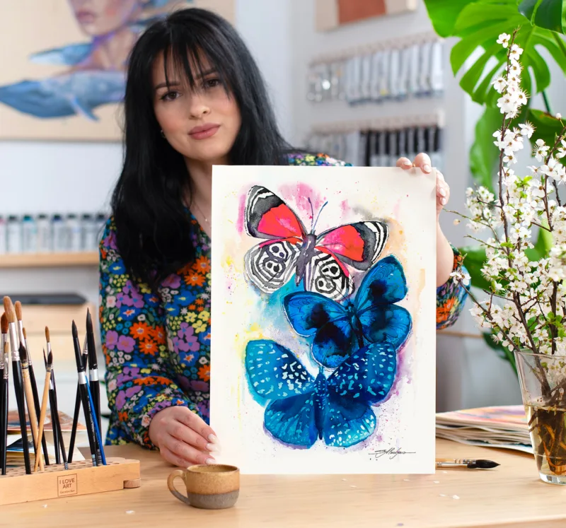 Blue and red butterflies watercolor painting, limited edition art print by Slaveika Aladjova, view 2