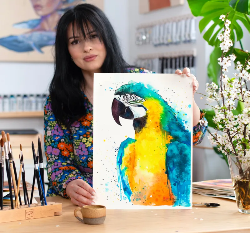 Blue and yellow macaw watercolor painting, limited edition art print by Slaveika Aladjova, view 2