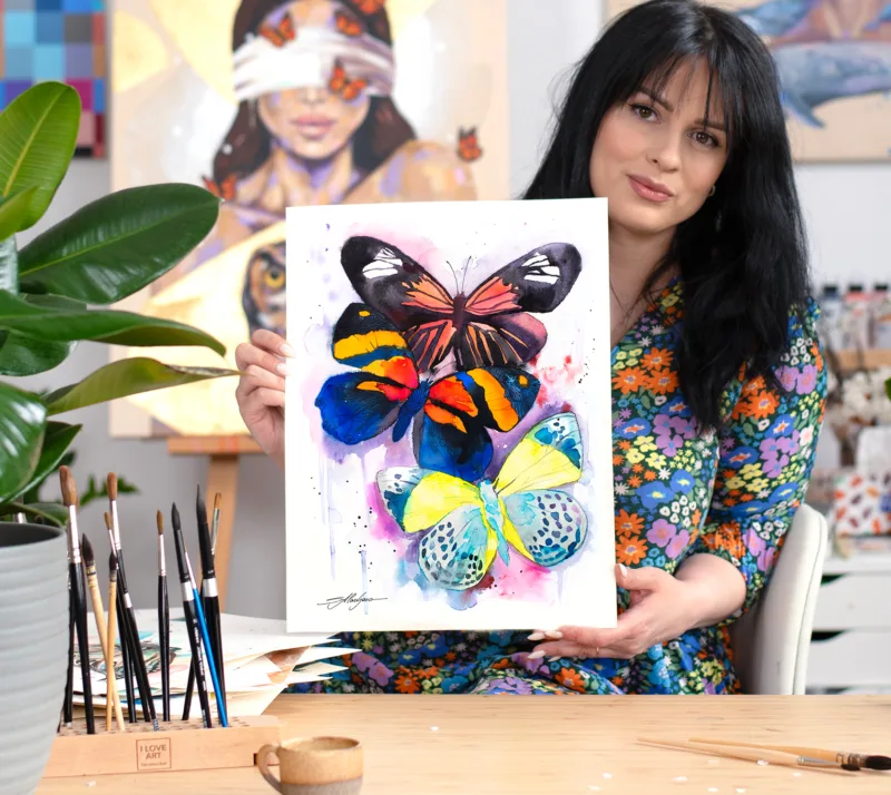 Three colorful butterflies watercolor painting, limited edition art print by Slaveika Aladjova