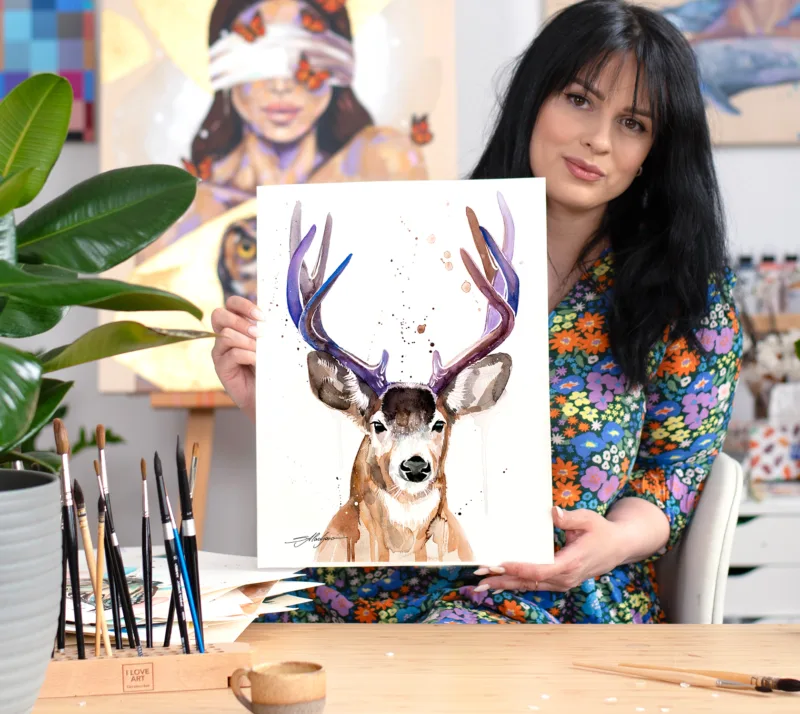 Mule deer watercolor painting, limited edition art print by Slaveika Aladjova
