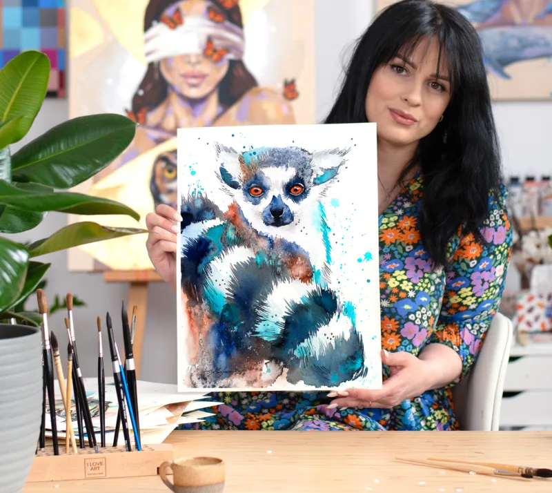 Ring-tailed lemur watercolor painting, limited edition art print by Slaveika Aladjova, view 2