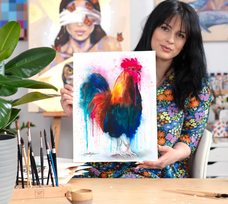 Colorful rooster watercolor painting, limited edition art print by Slaveika Aladjova, view 3
