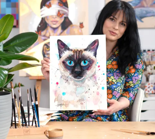 Siamese cat watercolor painting, limited edition art print by Slaveika Aladjova, view 2