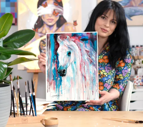 White horse watercolor painting, limited edition art print by Slaveika Aladjova, view 2