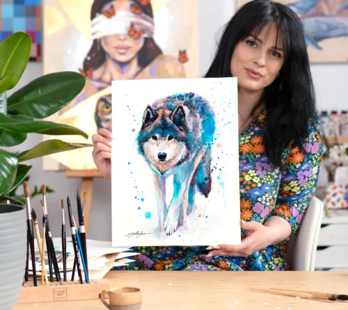 Home 14 Grey wolf watercolor portrait looking straight ahead, limited edition art print by Slaveika Aladjova, view 2